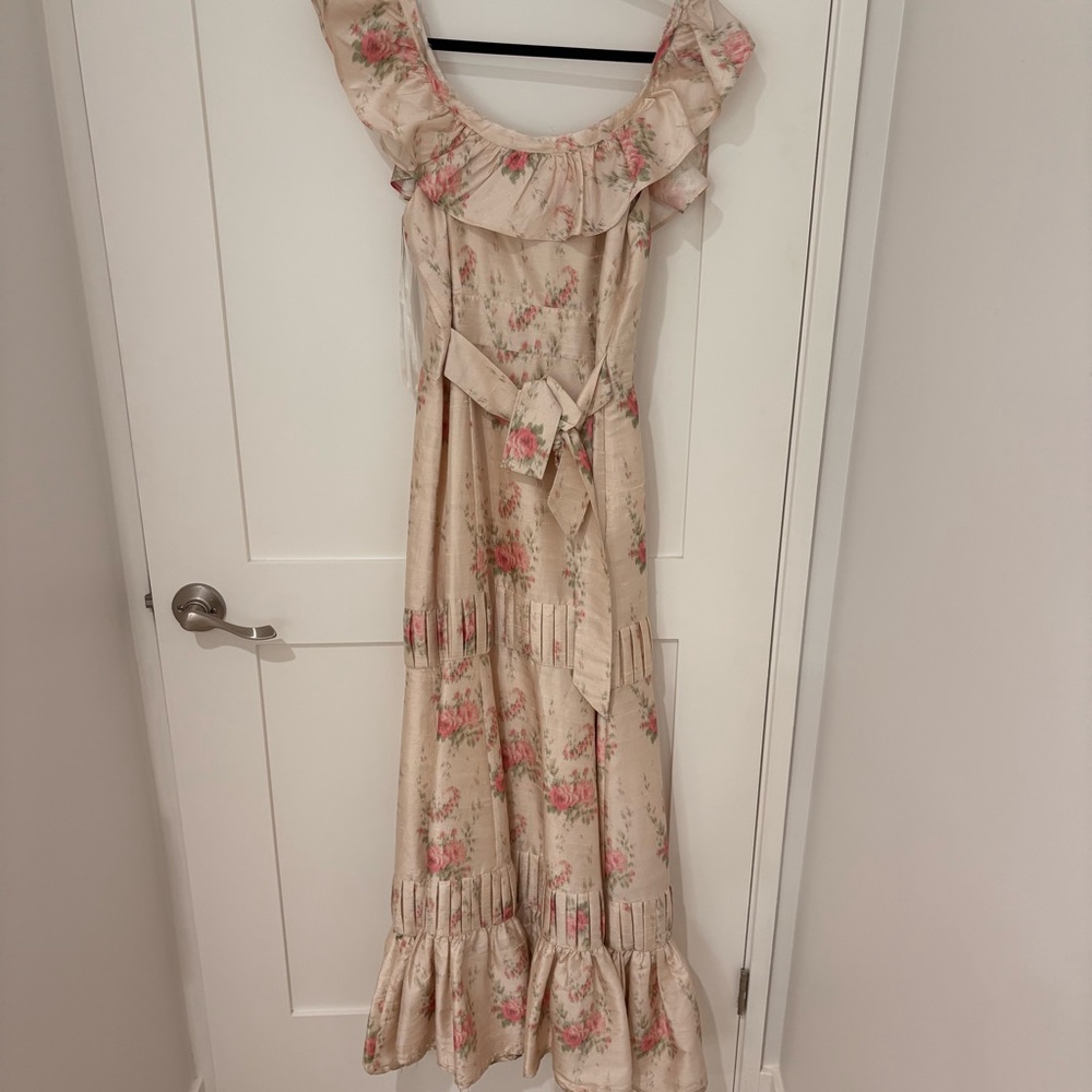 LoveShackFancy Floral Ruffle Maxi Dress - Cream and Pink